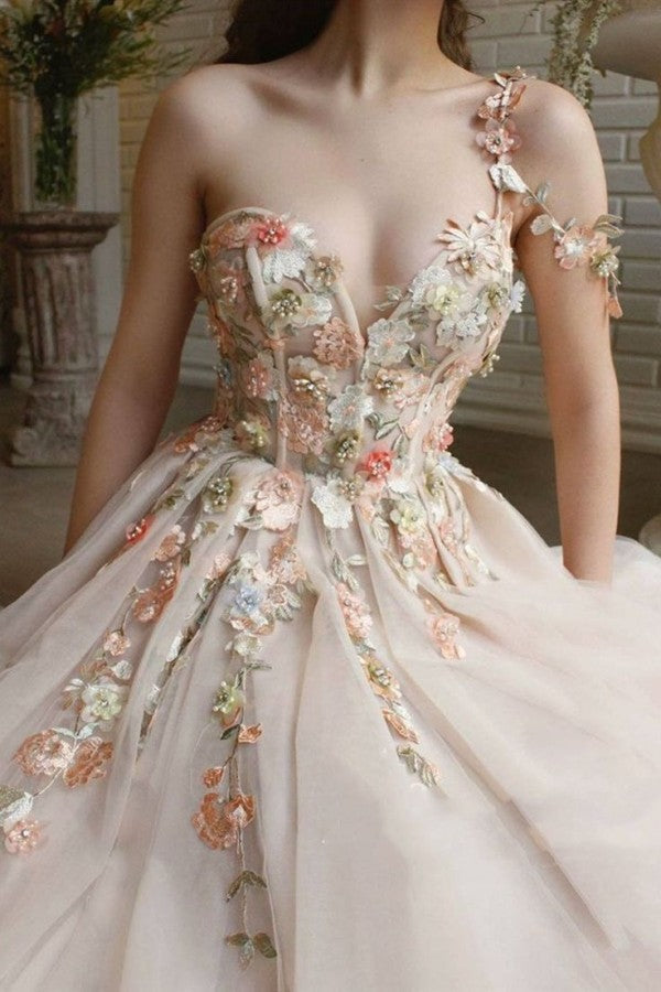 Fairy Flowers Applique Prom Dress Champagne Tulle With Slit