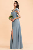 Fashion Dusty Blue Chiffon Sweetheart Slit Bridesmaid Dress with Ruffles Online