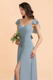 Fashion Dusty Blue Chiffon Sweetheart Slit Bridesmaid Dress with Ruffles Online