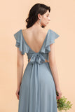 Fashion Dusty Blue Chiffon Sweetheart Slit Bridesmaid Dress with Ruffles Online