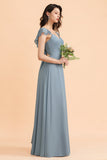 Fashion Dusty Blue Chiffon Sweetheart Slit Bridesmaid Dress with Ruffles Online