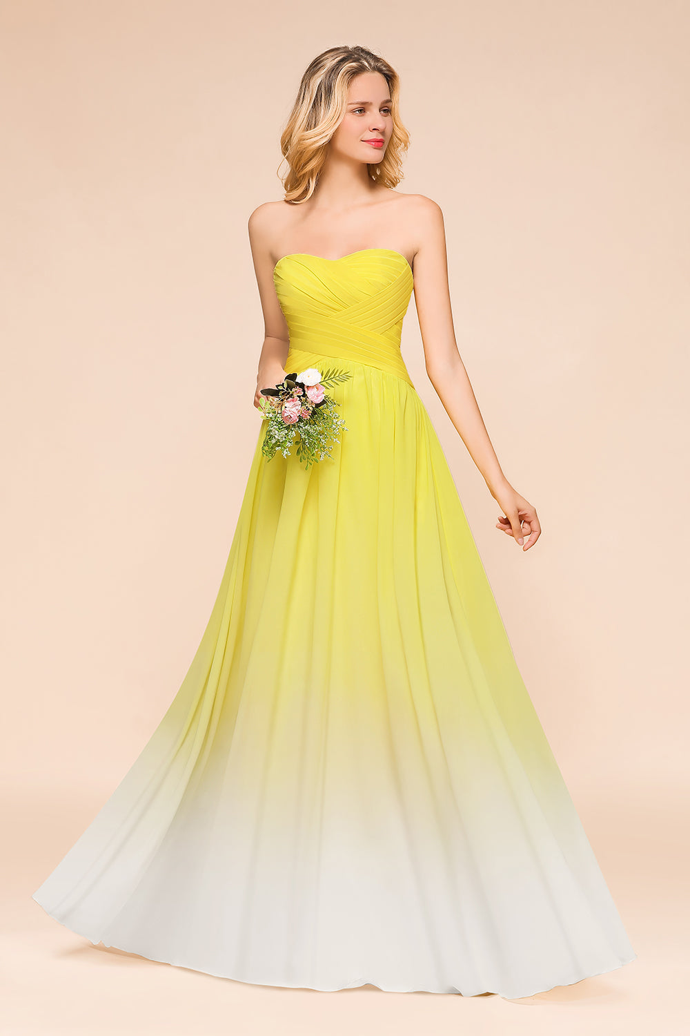 Fashionable Sweetheart Ruffle Yellow Ombre Bridesmaid Dress