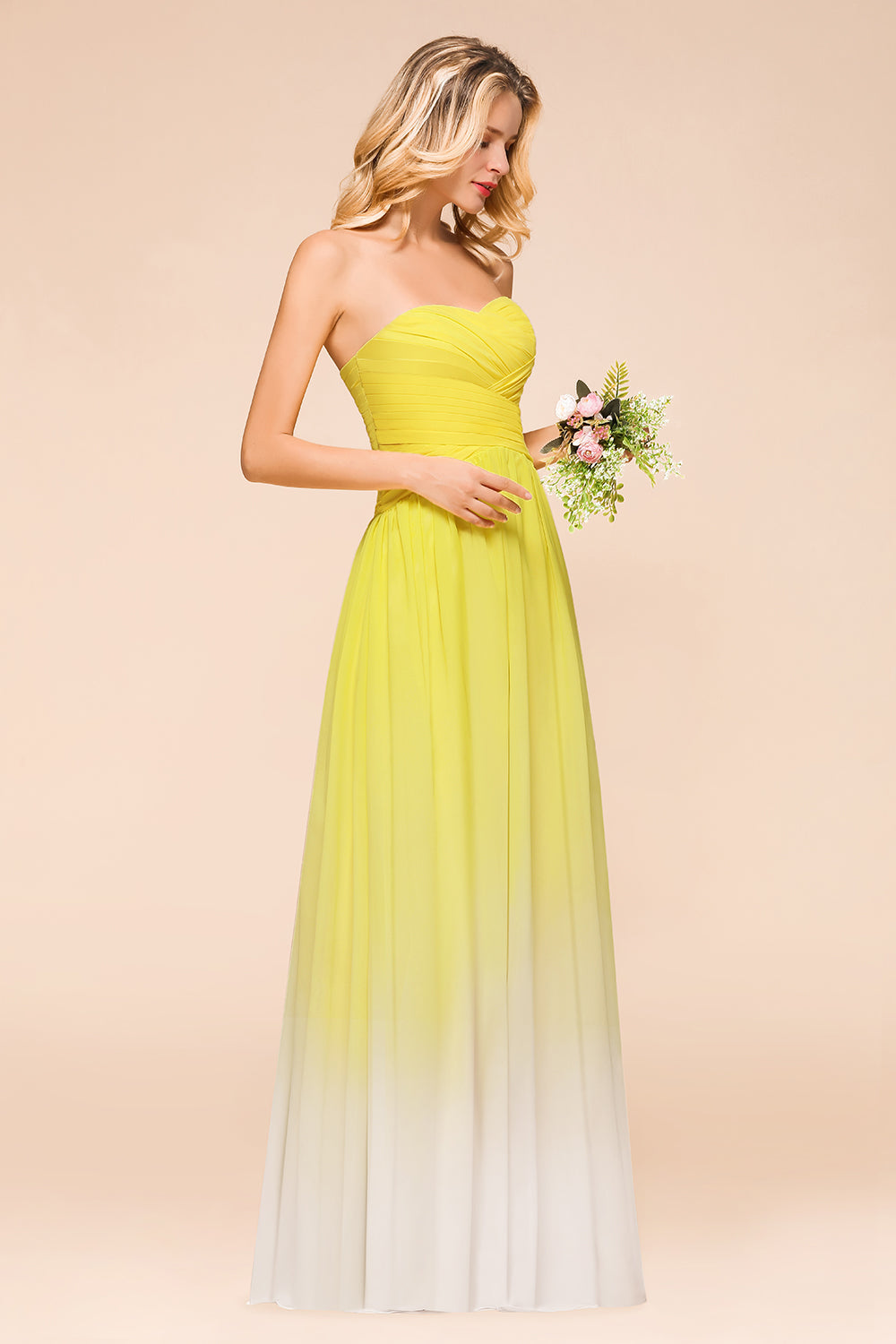 Fashionable Sweetheart Ruffle Yellow Ombre Bridesmaid Dress