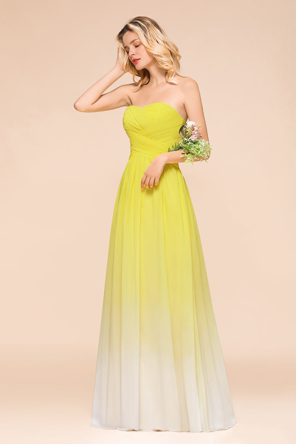 Fashionable Sweetheart Ruffle Yellow Ombre Bridesmaid Dress
