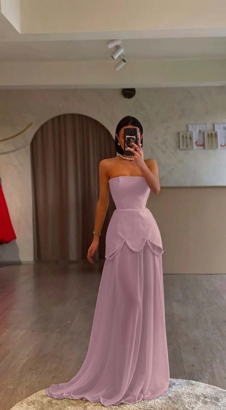 White Strapless Sleeveless Long Formal Dress With Pleated Beading