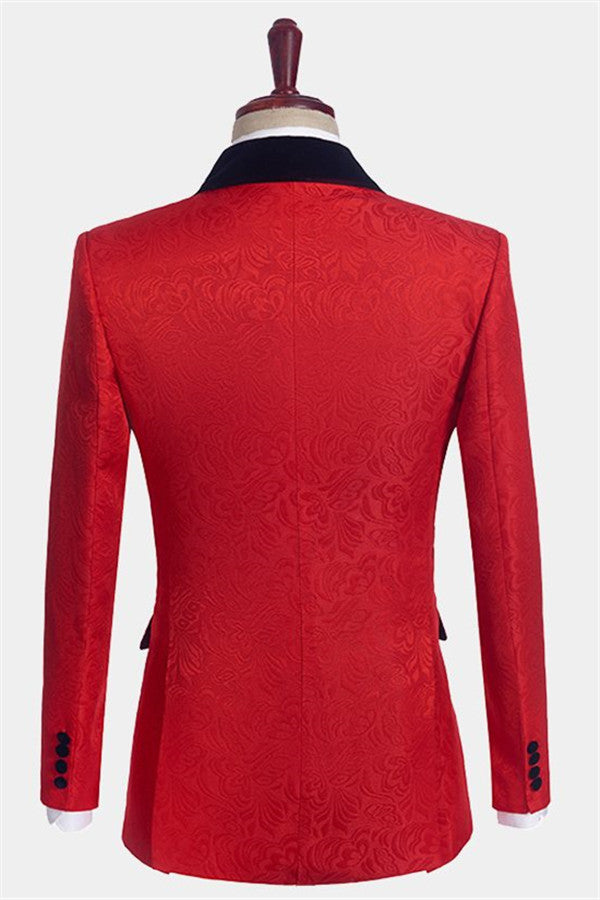 Newinlook Red Floral Tuxedo - Black Lapel Three Pieces for Groom Prince Suit