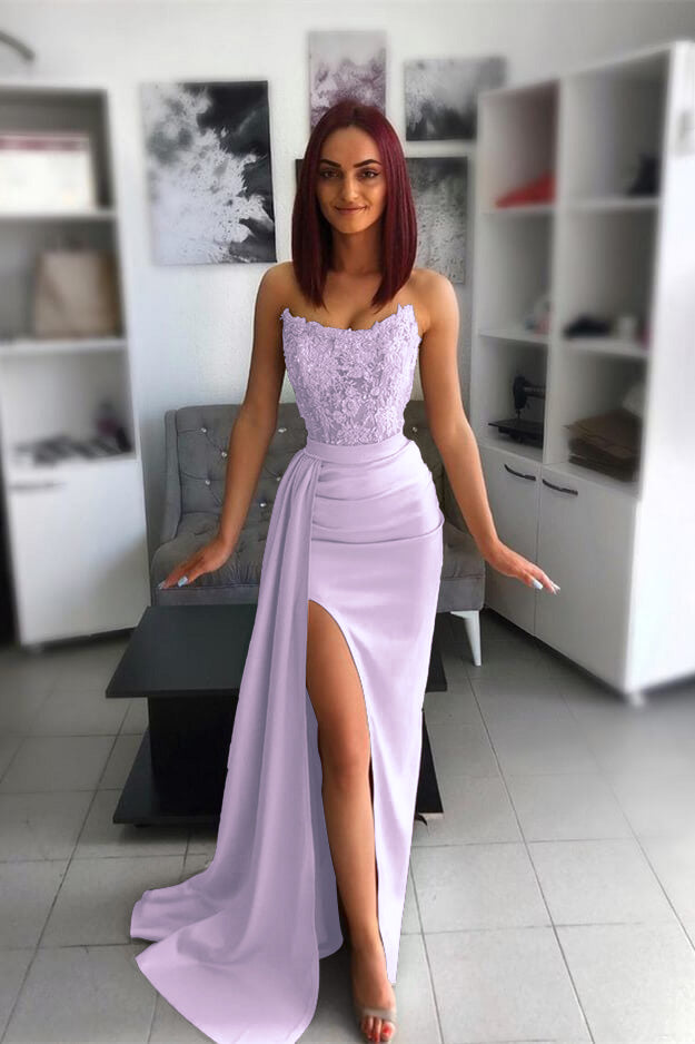 Newinlook Strapless Pink Slit Mermaid Evening Dress With Chic Appliques