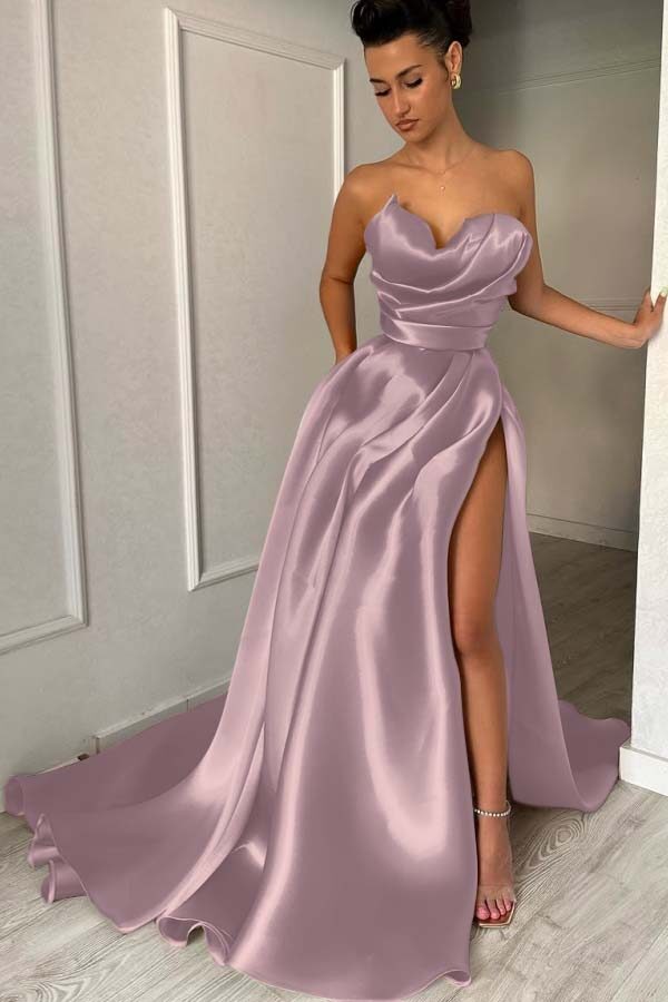 Strapless Sleeveless Long Formal Dress With High Split Pleated