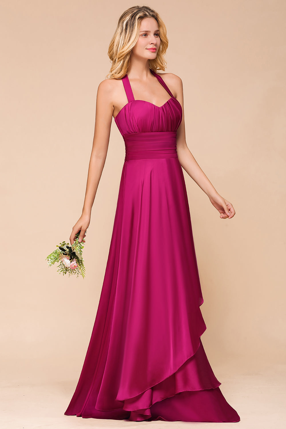 Fuchsia Halter Chiffon Bridesmaid Dresses Long Online