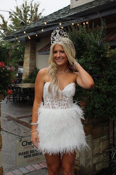 lace dress with feather skirt Jovani 07236 Off White Feather Skirt Short Dress