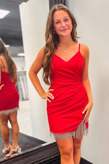 Elena Sheath V-Neck Pleated Homecoming Dress with Tassels
