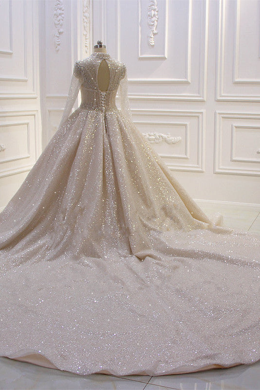 Glamorous Ball Gown High Neck Wedding Dress Long Sleeves Sparkly Sequined Beading Bridal Gowns On Sale