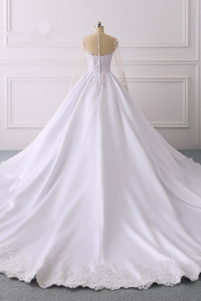 Glamorous Ball Gown Jewel Satin Tulle Wedding Dress Long Sleeves Ruffles Lace Bridal Gowns Online