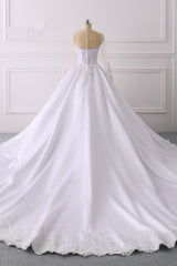 Glamorous Ball Gown Jewel Satin Tulle Wedding Dress Long Sleeves Ruffles Lace Bridal Gowns Online