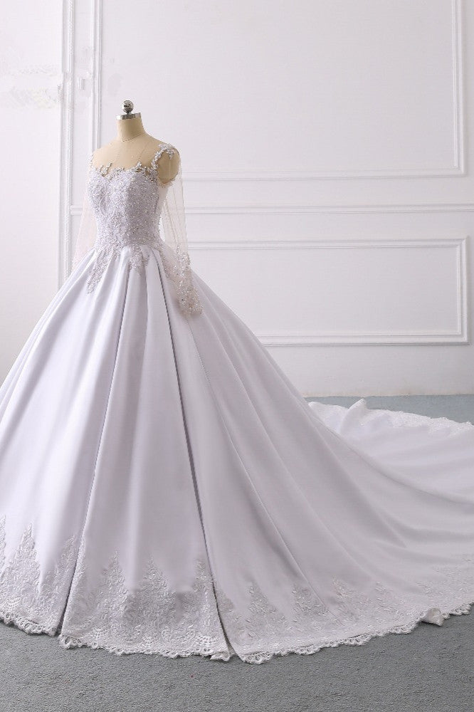 Glamorous Ball Gown Jewel Satin Tulle Wedding Dress Long Sleeves Ruffles Lace Bridal Gowns Online