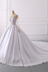 Glamorous Ball Gown Jewel Satin Tulle Wedding Dress Long Sleeves Ruffles Lace Bridal Gowns Online