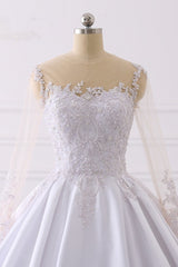 Glamorous Ball Gown Jewel Satin Tulle Wedding Dress Long Sleeves Ruffles Lace Bridal Gowns Online