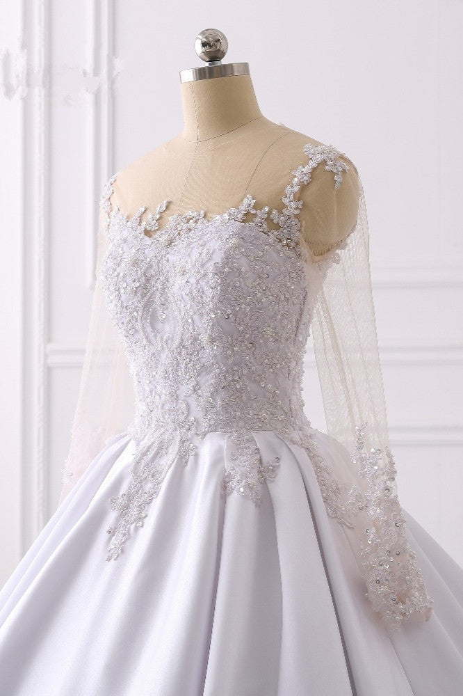 Glamorous Ball Gown Jewel Satin Tulle Wedding Dress Long Sleeves Ruffles Lace Bridal Gowns Online