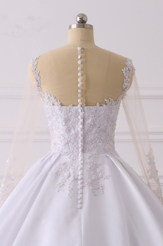 Glamorous Ball Gown Jewel Satin Tulle Wedding Dress Long Sleeves Ruffles Lace Bridal Gowns Online