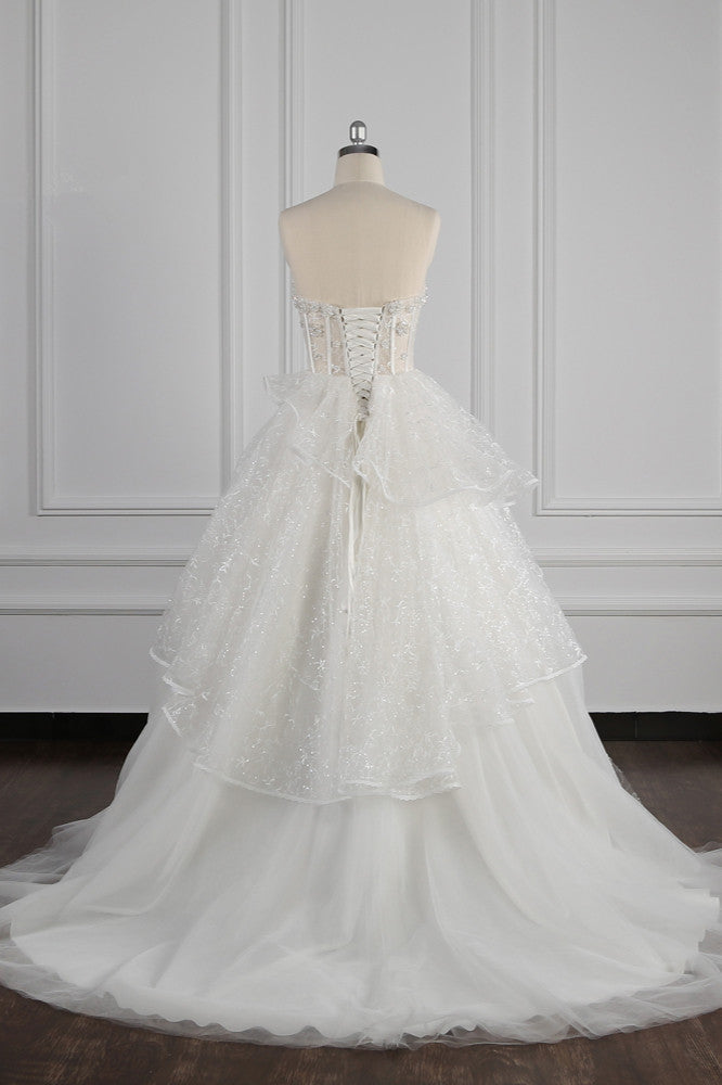 Glamorous Ball Gown Strapless Beadings Wedding Dress Sequined Layers Tulle Bridal Gowns On Sale