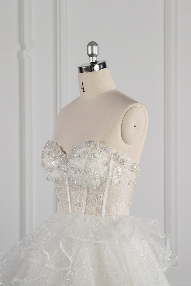 Glamorous Ball Gown Strapless Beadings Wedding Dress Sequined Layers Tulle Bridal Gowns On Sale
