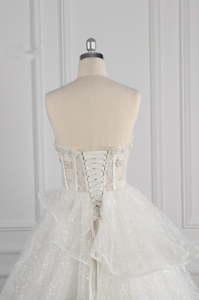 Glamorous Ball Gown Strapless Beadings Wedding Dress Sequined Layers Tulle Bridal Gowns On Sale