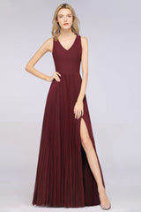 Glamorous Chiffon V-Neck Ruffle Burgundy Bridesmaid Dresses Affordable