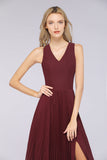 Glamorous Chiffon V-Neck Ruffle Burgundy Bridesmaid Dresses Affordable