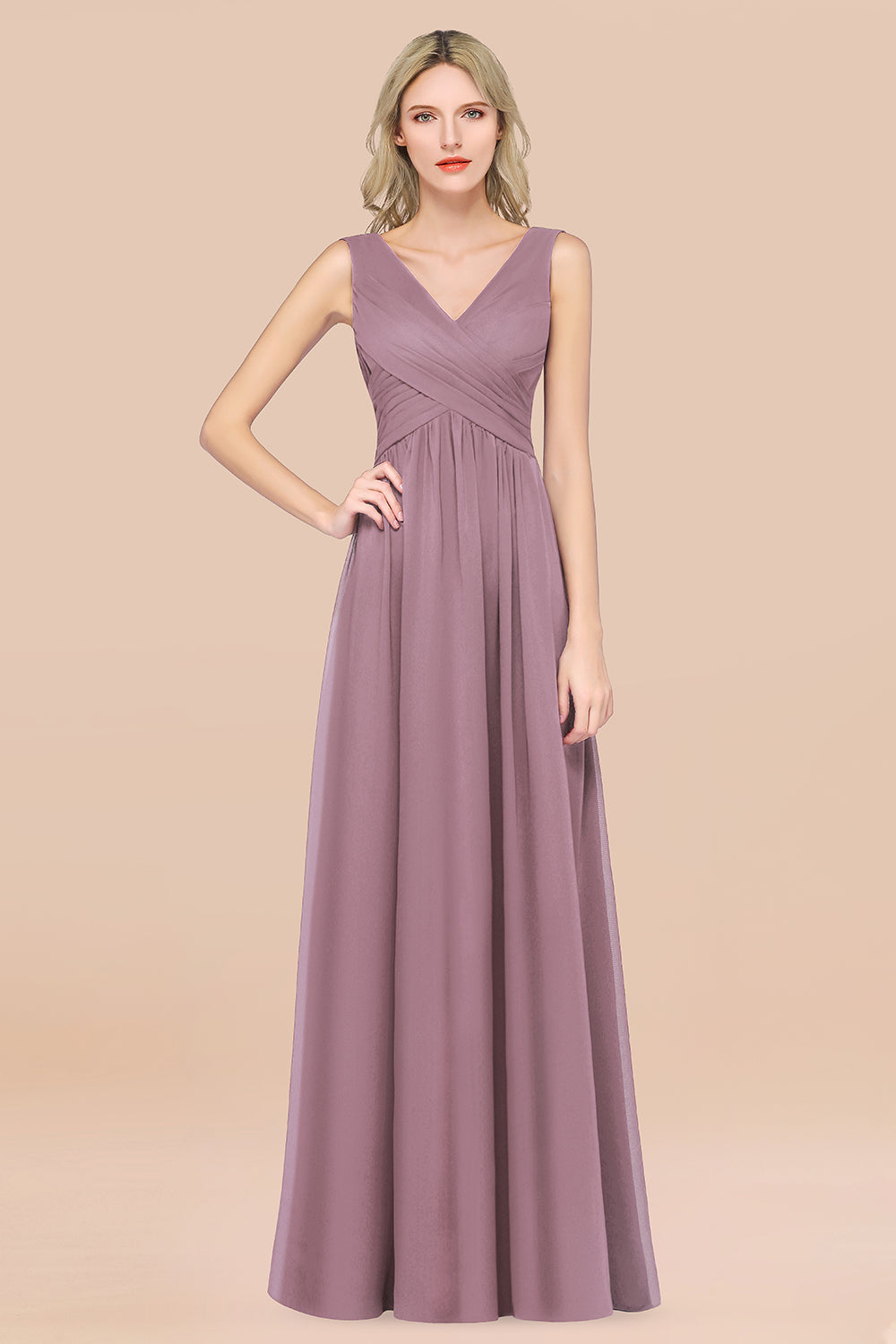 Glamorous Chiffon V-Neck Sleeveless Burgundy Bridesmaid Dresses with D – Newinlook
