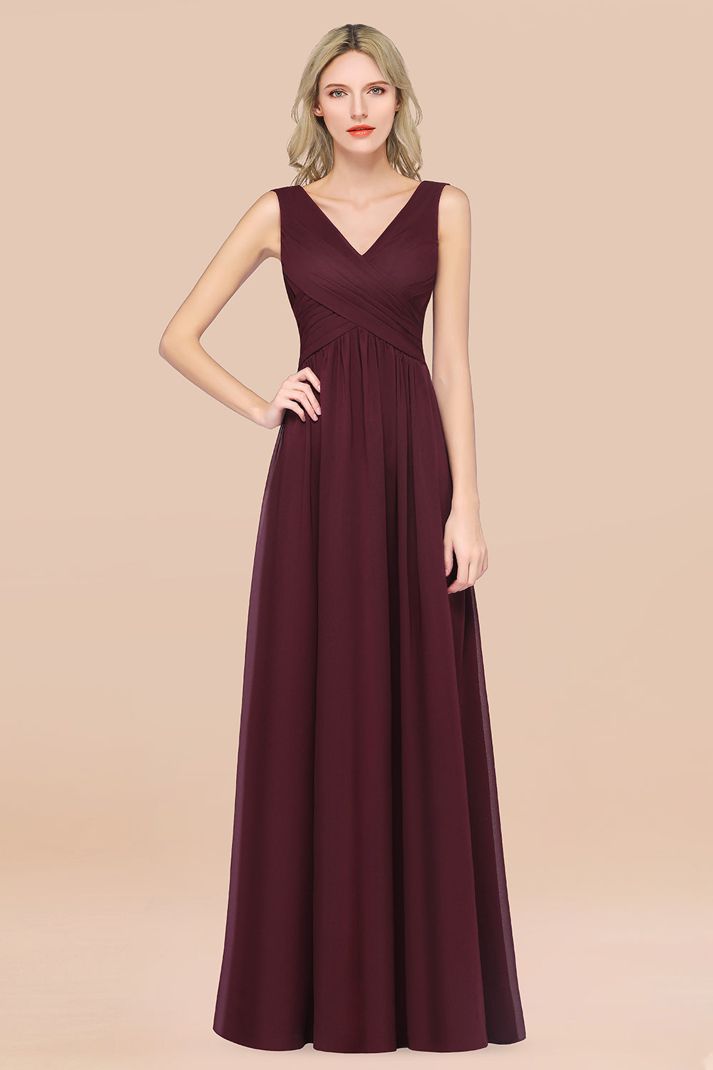 Glamorous Chiffon V-Neck Sleeveless Burgundy Bridesmaid Dresses with D Newinlook Glamorous Chiffon V-Neck Sleeveless Burgundy Bridesmaid Dresses with D Newinlook