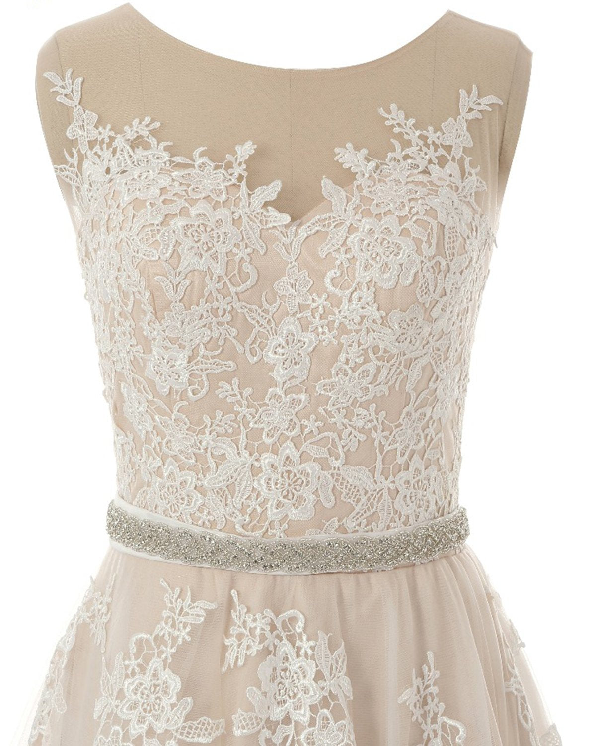 Glamorous Creamy Tulle Round Neck Long Wedding Dress White Lace Applique Bridal Gowns On Sale