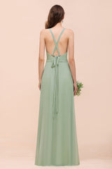 Glamorous Dusty Sage V-Neck Straps Affordable Bridesmaid Dress