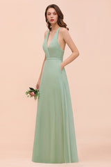 Glamorous Dusty Sage V-Neck Straps Affordable Bridesmaid Dress