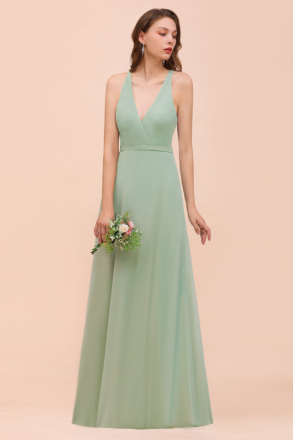Glamorous Dusty Sage V-Neck Straps Affordable Bridesmaid Dress