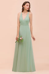 Glamorous Dusty Sage V-Neck Straps Affordable Bridesmaid Dress