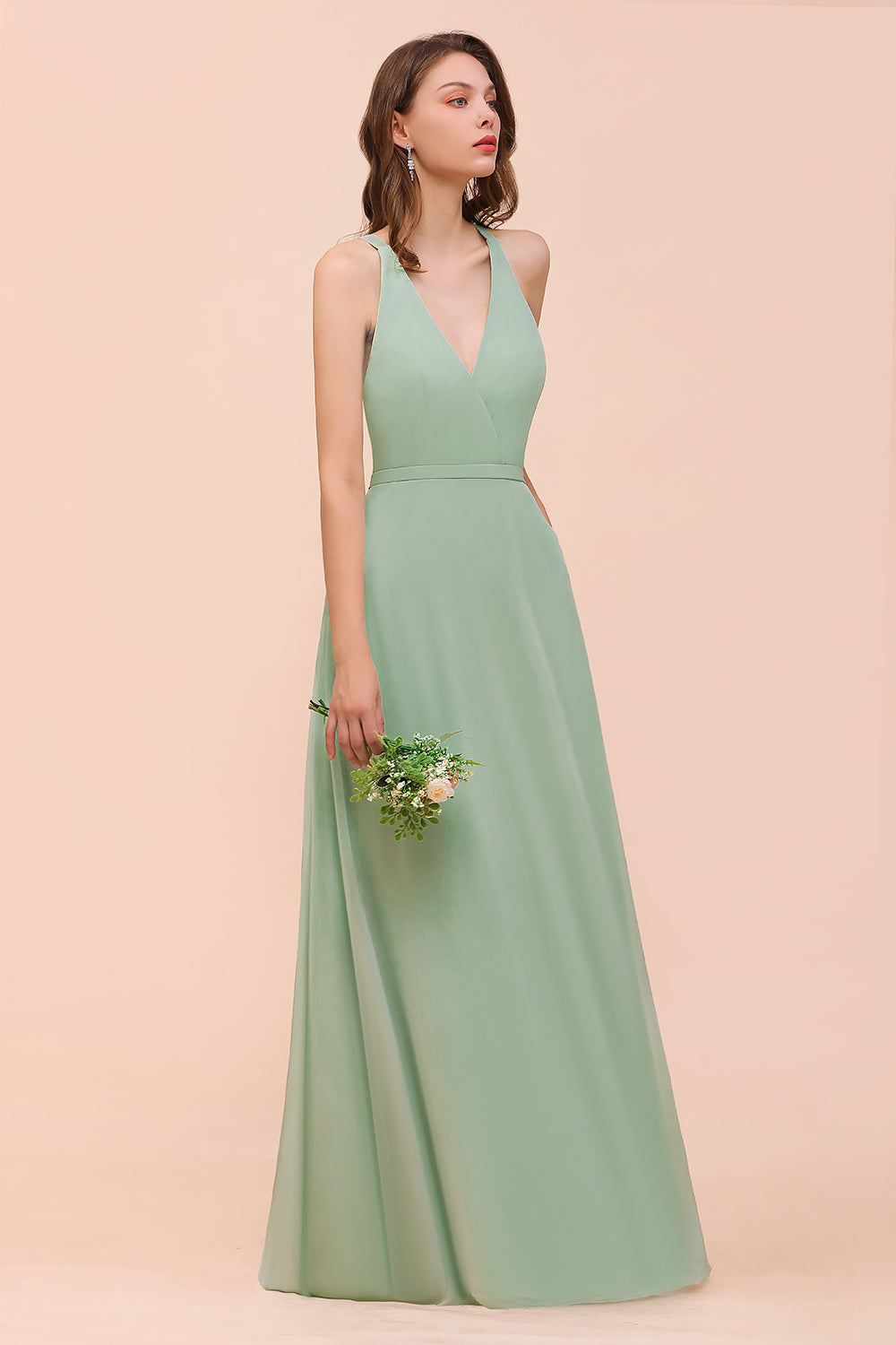 Glamorous Dusty Sage V-Neck Straps Affordable Bridesmaid Dress