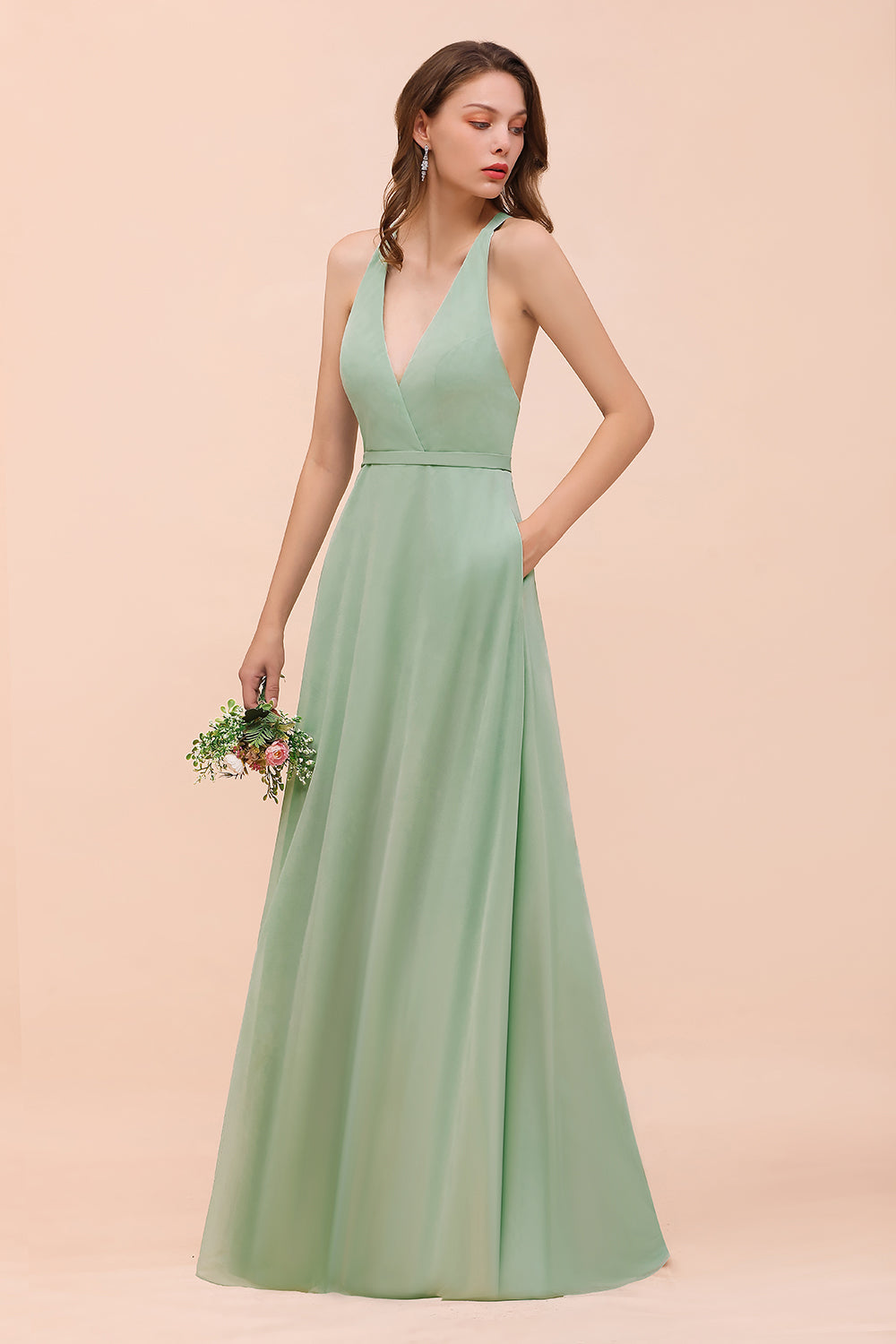 Glamorous Dusty Sage V-Neck Straps Affordable Bridesmaid Dress
