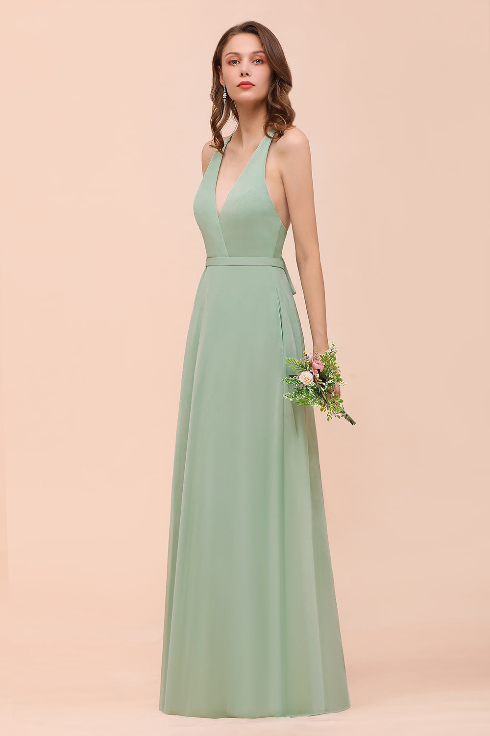 Glamorous Dusty Sage V-Neck Straps Affordable Bridesmaid Dress