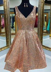 Glamorous A-Line V Neck Sequin Knee-Length Homecoming Dress