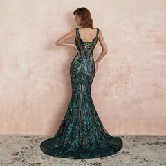 Glamorous Green Sequins Mermaid Evening Gowns Long V-Neck Prom Dress On Sale