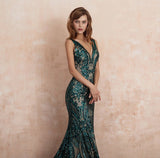 Glamorous Green Sequins Mermaid Evening Gowns Long V-Neck Prom Dress On Sale