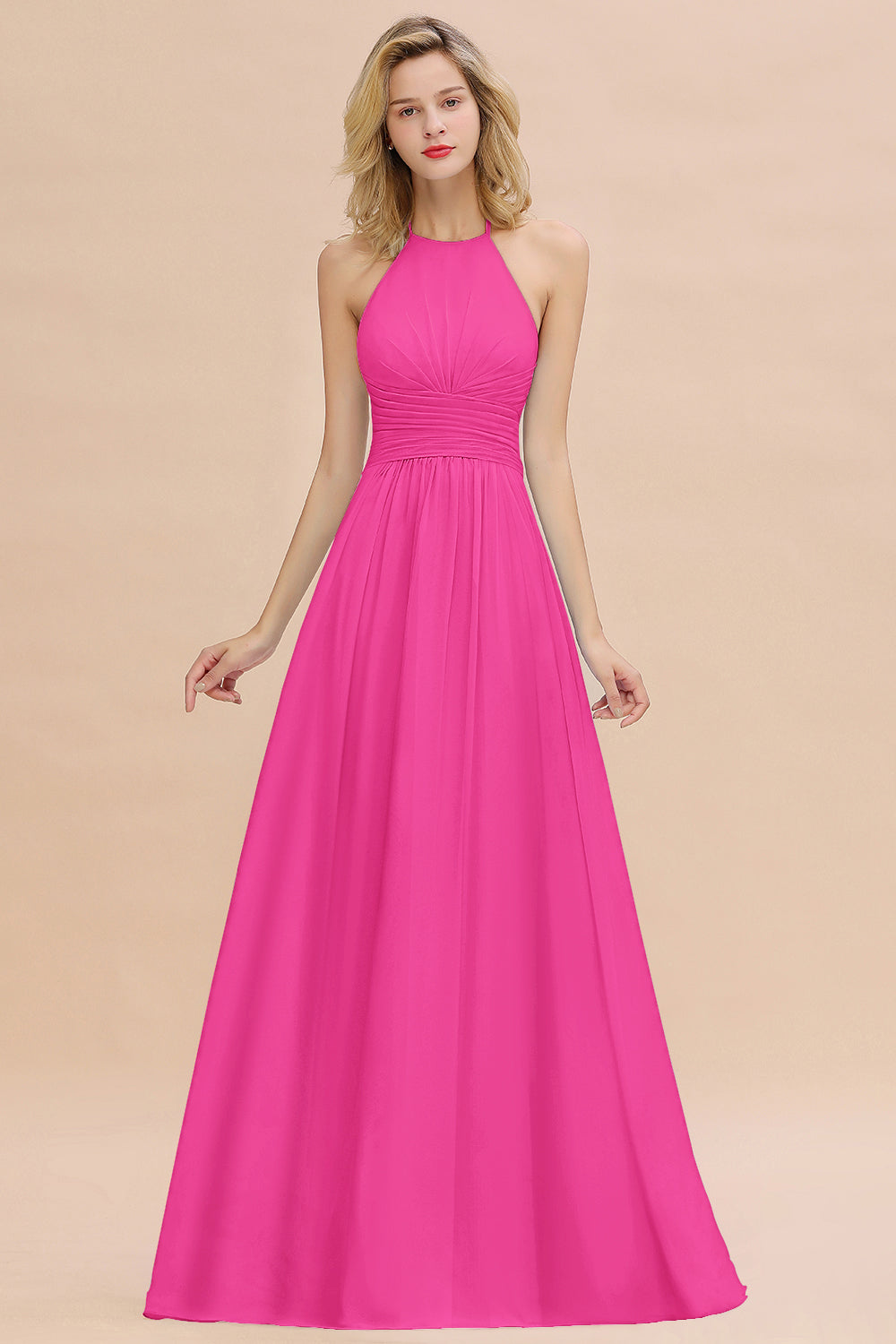 Glamorous Halter Backless Long Affordable Bridesmaid Dresses with Ruffle