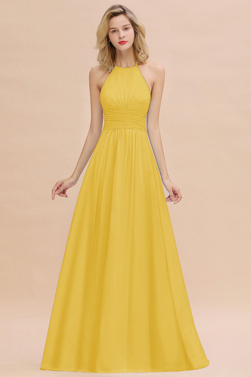 Glamorous Halter Backless Long Affordable Bridesmaid Dresses with Ruffle