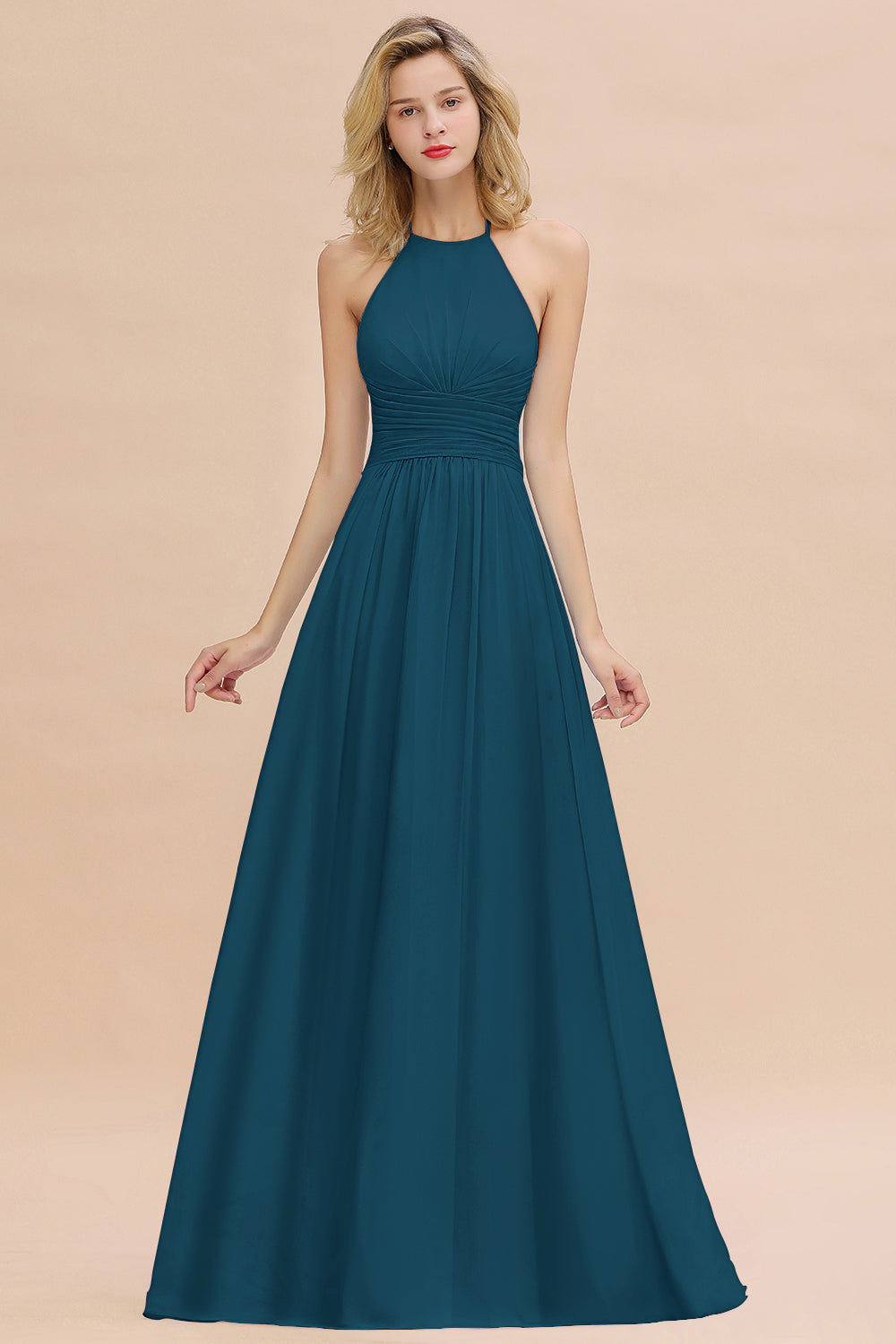 Glamorous Halter Backless Long Affordable Bridesmaid dresses with Ruff Newinlook Glamorous Halter Backless Long Affordable Bridesmaid dresses with Ruff Newinlook