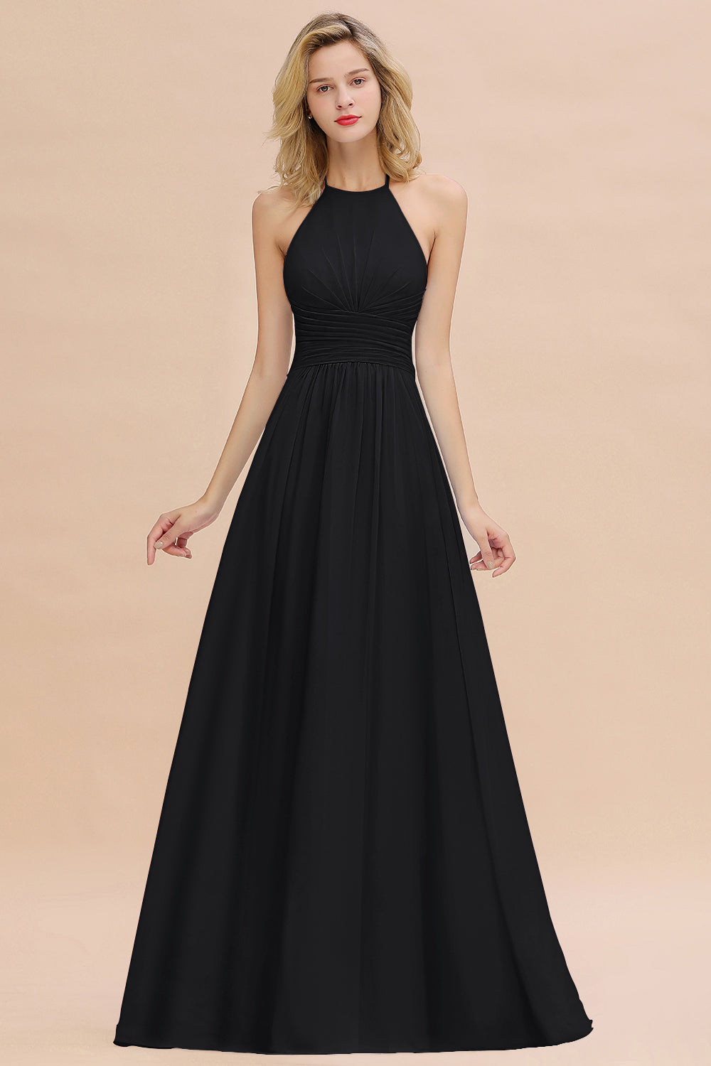 Glamorous Halter Backless Long Affordable Bridesmaid Dresses with Ruffle