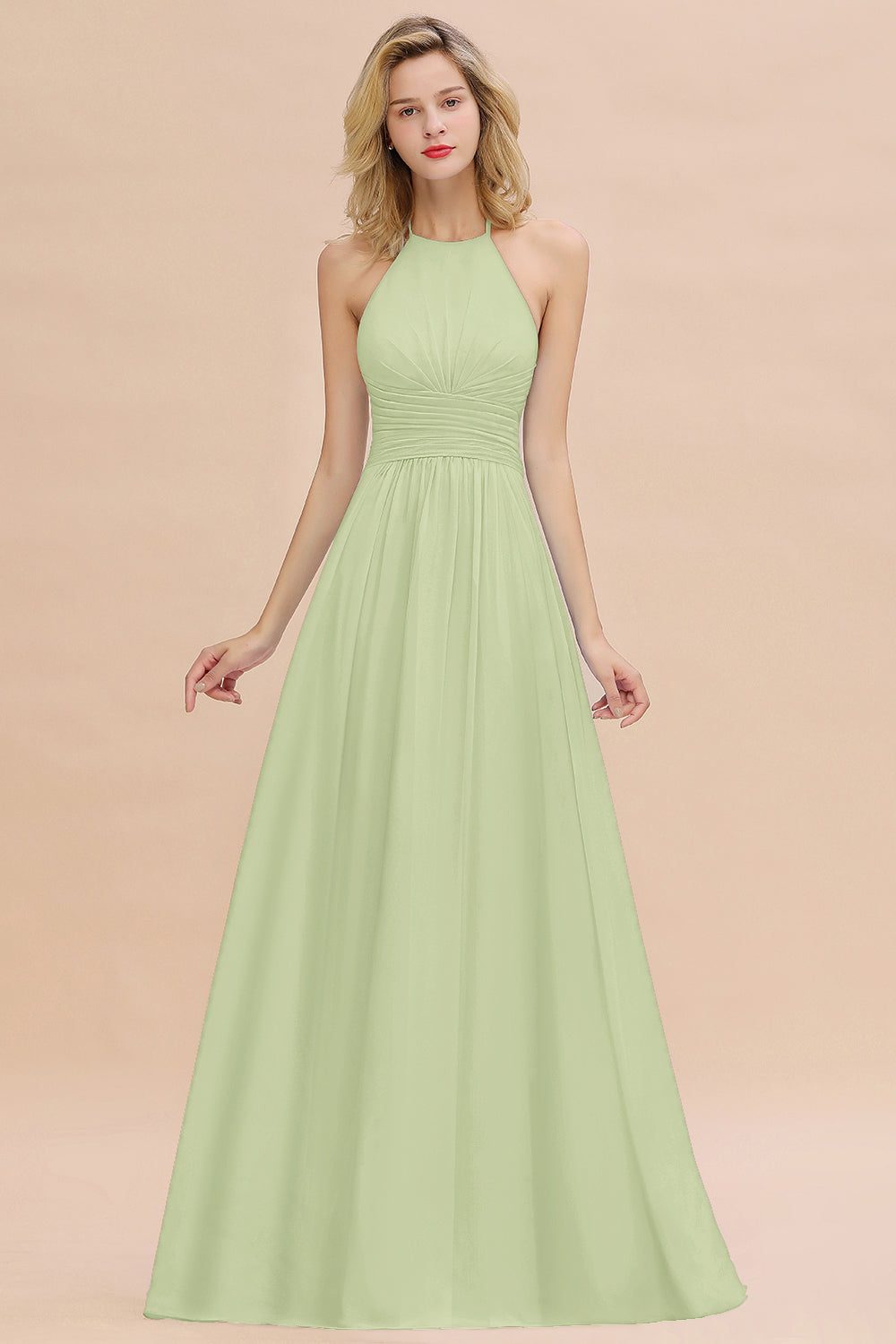 Glamorous Halter Backless Long Affordable Bridesmaid Dresses with Ruffle