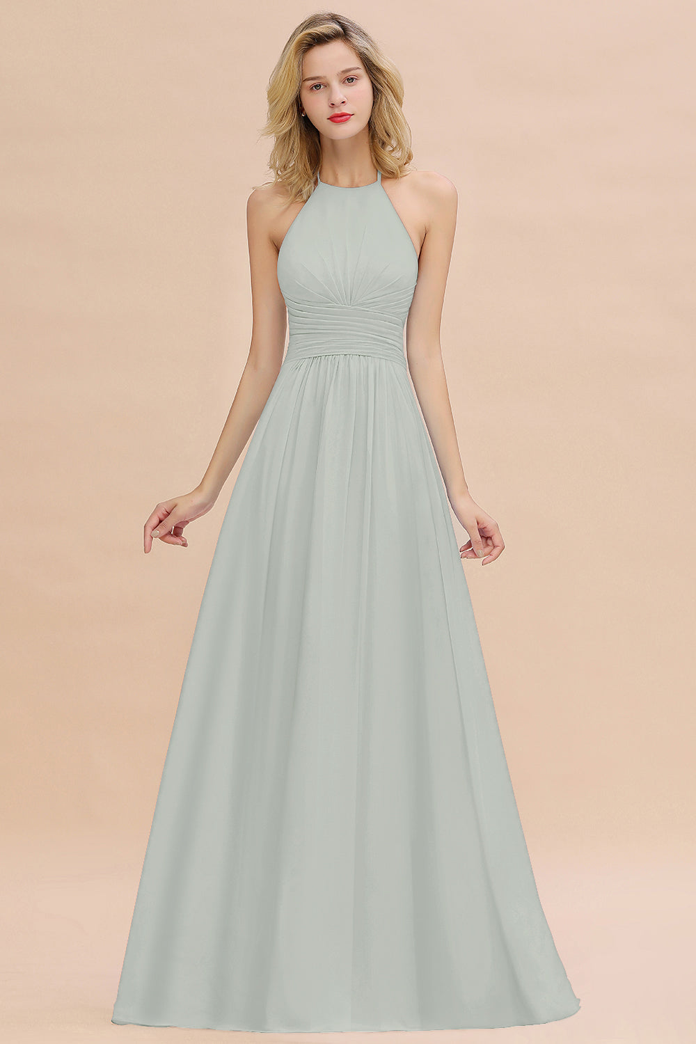 Glamorous Halter Backless Long Affordable Bridesmaid Dresses with Ruffle