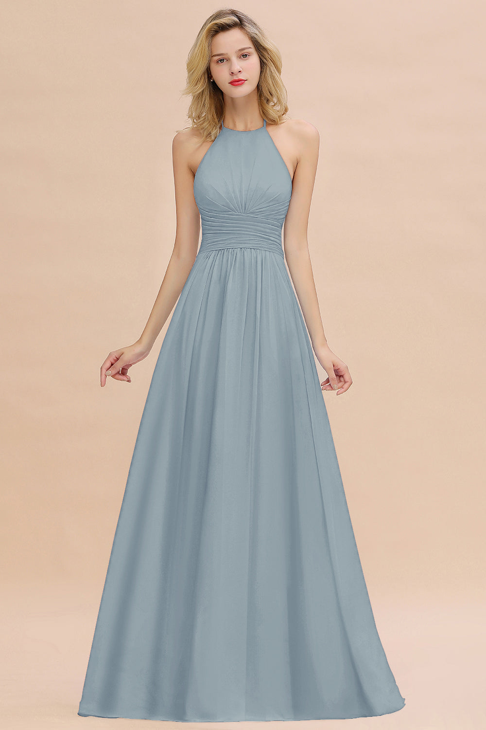 Glamorous Halter Backless Long Affordable Bridesmaid Dresses with Ruffle