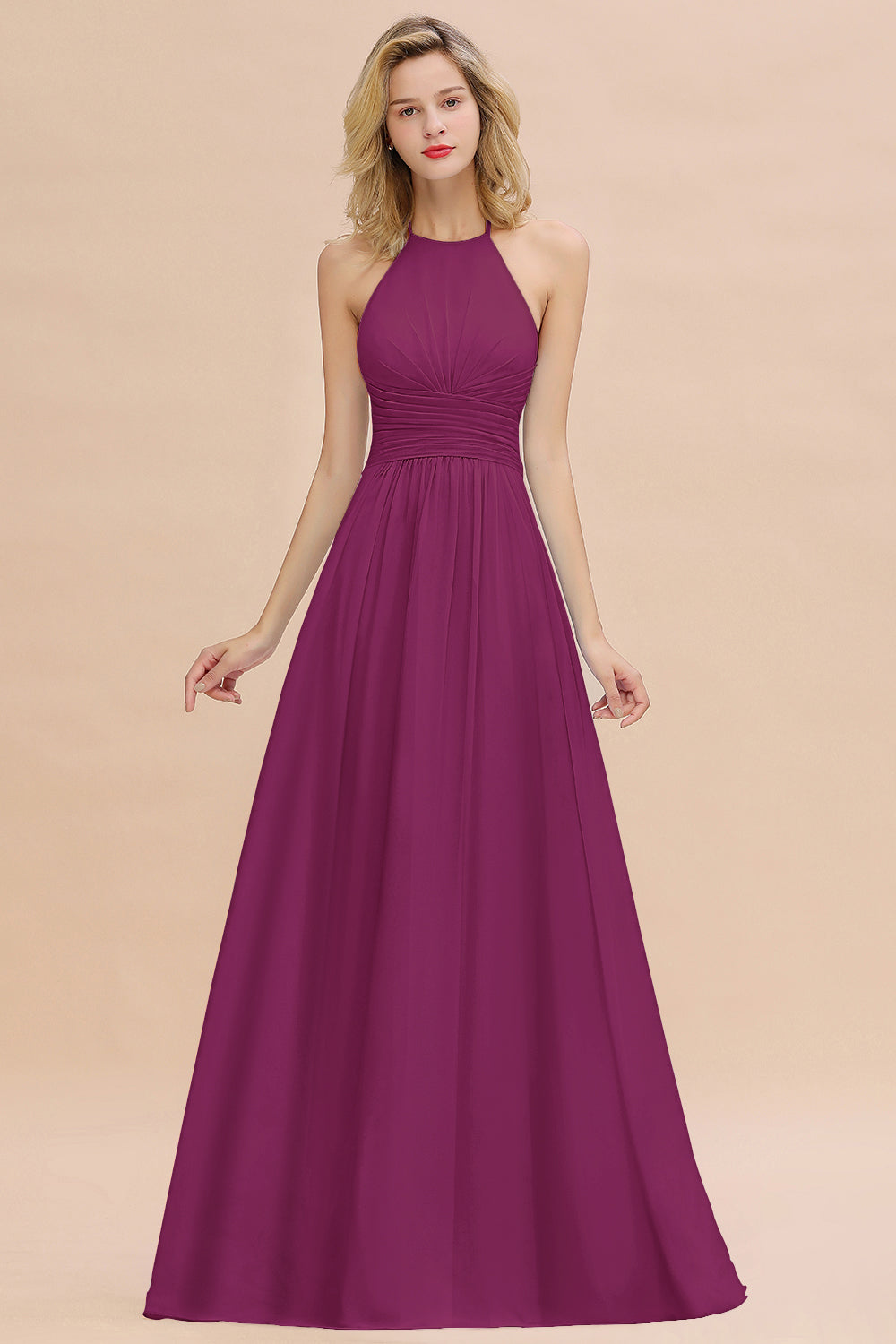 Glamorous Halter Backless Long Affordable Bridesmaid Dresses with Ruffle