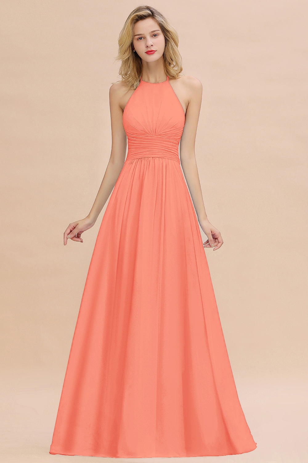 Glamorous Halter Backless Long Affordable Bridesmaid Dresses with Ruffle